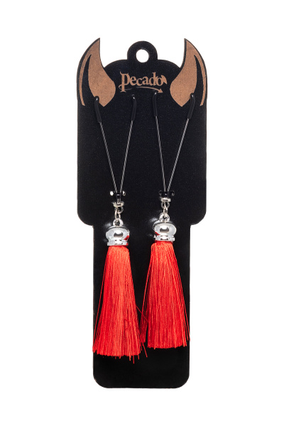 Зажимы на соски «вилки» с кисточками из шелка Pecado BDSM, Красные