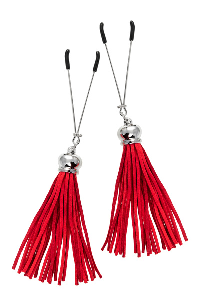 Зажимы на соски «вилки» с кисточками из замши Pecado BDSM ,Красные