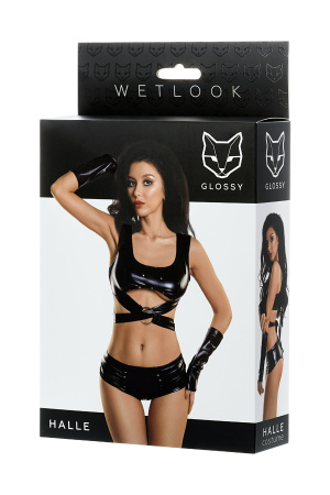 Комплект Glossy из материала Wetlook (топ, мини-шорты и перчатки), черный, M