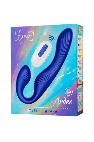 Страпон безремневой L`Eroina APP ARDEE с управлением от приложения и пульта, силикон, синий, 31 см