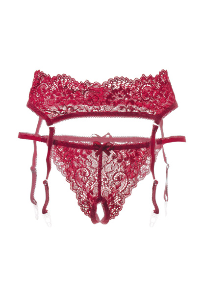 Комплект эротический пояс для чулок и трусики кружевные, красный, (46-48)