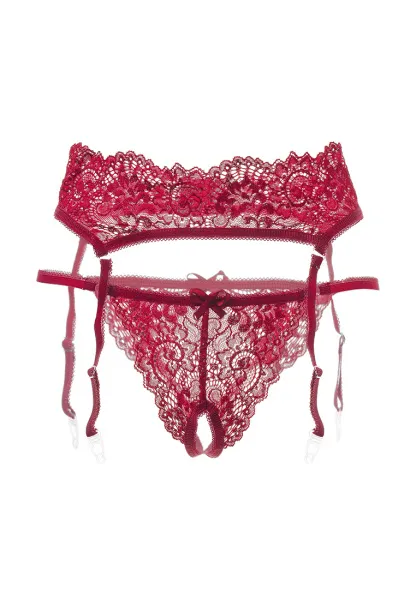 Комплект эротический пояс для чулок и трусики кружевные, красный, (46-48)